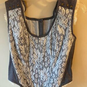 Corset Story Grey White Lace Denim Look Cotton Zip Overbust Corset Top Size 28”